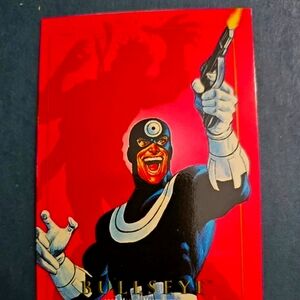 1992 Marvel Masterpiece Bullseye, error cut trading card.